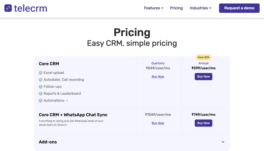 Telecrm pricing page overview